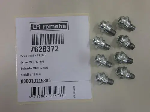 Sechs Metall-Schrauben in einer Anordnung, daneben ein Etikett mit den Informationen der Marke Remeha und dem Artikelcode.